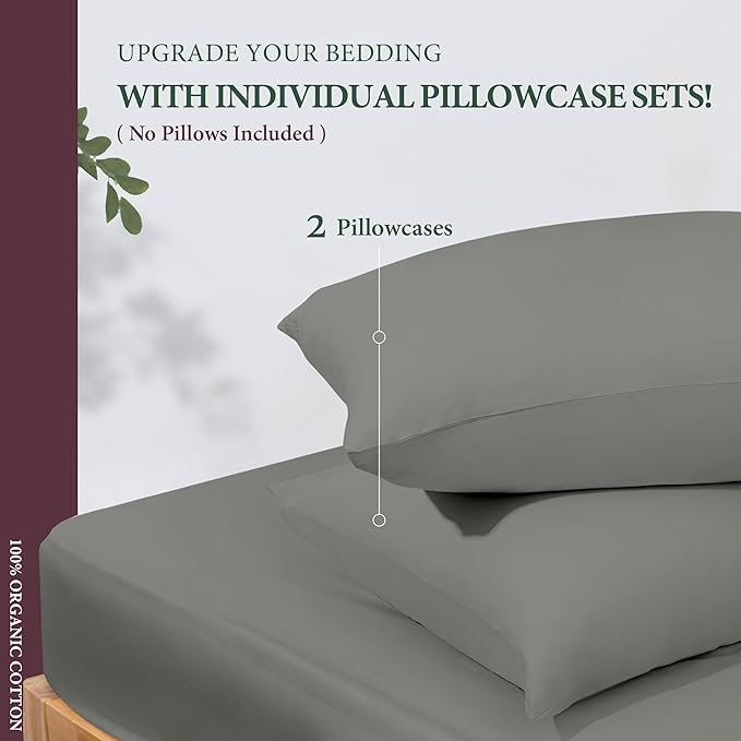 100% Organic Cotton Percale Pillow Cases Standard/Queen Size Set of 2 - Percale Pillowcases Standard/Queen (Dark Grey), Soft Cooling Pillow Cases for Sleeping, Cotton Pillowcovers