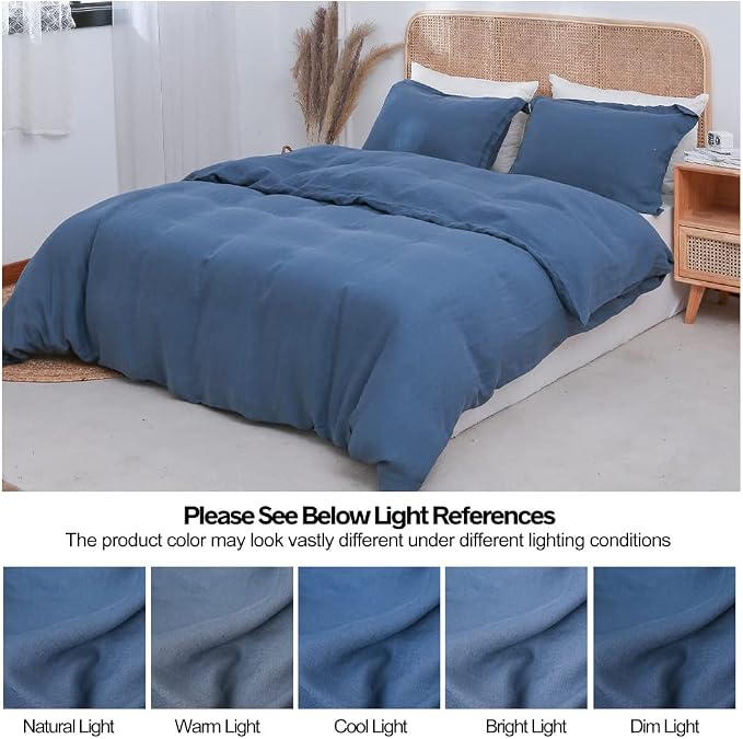 Simple&Opulence 100% Linen Duvet Cover Set 3pcs Basic Style Natural French Washed Flax Solid Color Soft Breathable Farmhouse Bedding with Button Closure - Classic Blue, King