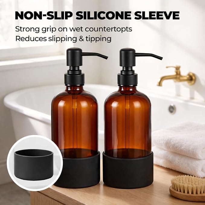 16 oz Hand and Dish Soap Dispenser Set for Kitchen and Bathroom, 500ml Amber Glass Soap Dispenser with Stainless Steel Pump, Non-Slip Silicone Sleeves, Labels - 2 Pack