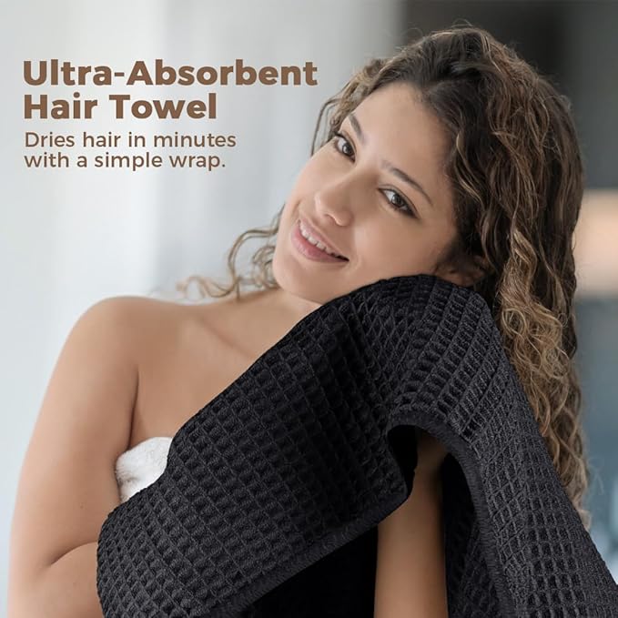 HOMEXCEL Large Microfiber Hair Towels 2 Pack, Waffle Weave Black Hair Towels - 40 x 26.5 inches Fast Drying Turbans for Long, Thick, Curly Hair - Anti Frizz Wrap with Elastic Strap
