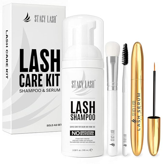 STACY LASH Shampoo 100ml Cleaning Kit of Eye Makeup Remover (Foam Cleanser) & Shampoo Brush & Mascara Brush Bundle with Eyelash Serum 5ml for Lash Growth and Thickness
