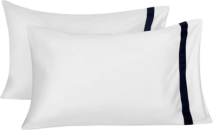 BIOWEAVES 100% Organic Cotton Banded Pillow Cases Soft Sateen Weave GOTS Certified – Standard/Queen Size, Set of 2, White & Navy