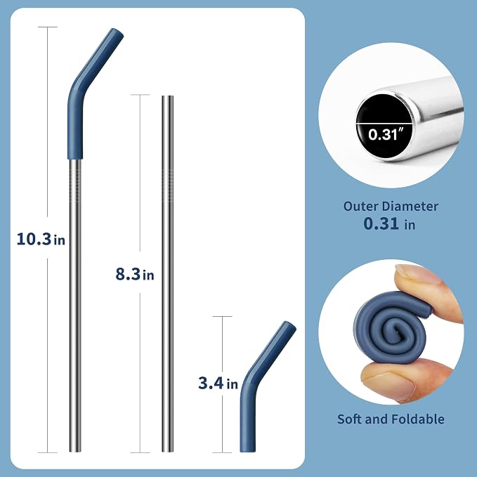 20 oz Straw for YETI Tumbler, Metal Straight Straws Reusable with Silicone Tip for 16/20 oz Glass Tumbler, Cleaning Brush, 1 Portable Bag