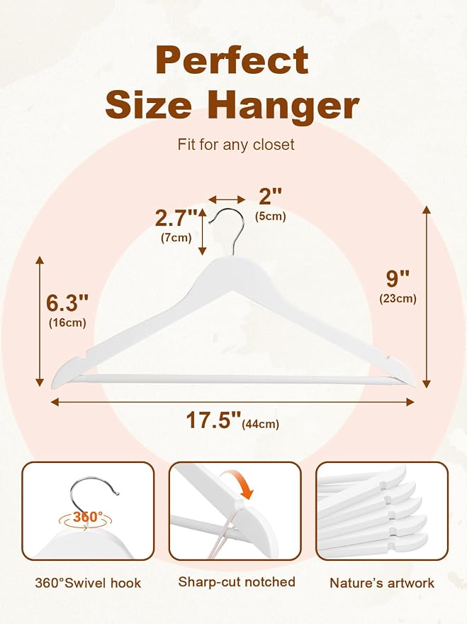HOUSE DAY White Wooden Hangers 20 Pack, Solid Wood Hanger with Non Slip Pant Bar, Heavy Duty Wooden Coat Hanger for Closet, Smooth Finish Wood Clothes Hangers for Shirts, Suits Jackets, Dress