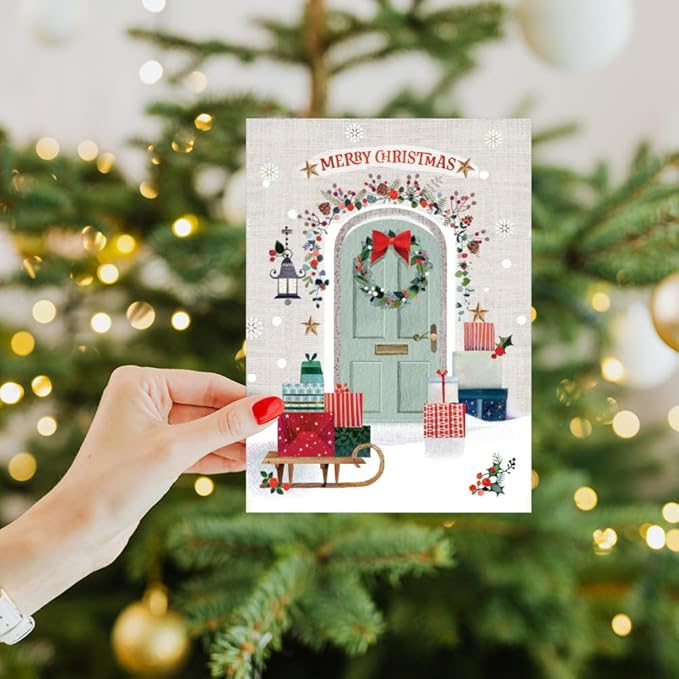 Tree-Free Greetings - Season's Greeting Card - Artful Designs - 1 Card + Matching Envelopes - Made in USA - 100% Recycled Paper - 5 x 7 - Festive Door (VO80665)