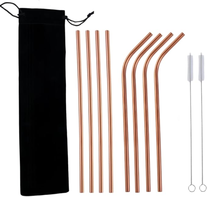 Heavy Duty 304 Stainless Steel Reusable Straw Set, 8 Pack Multi-Color Smoothie Straws with Travel Pouch & Cleaner, Dishwasher Safe Eco- (Rose gold-black bag,8pc)