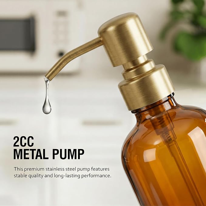 MOMEEMO Amber Glass Soap Dispenser Set, Dish and Hand Soap Dispenser Set with Ceramic Tray, Suitable for Kitchen Counter Decor. (Amber & Gold)