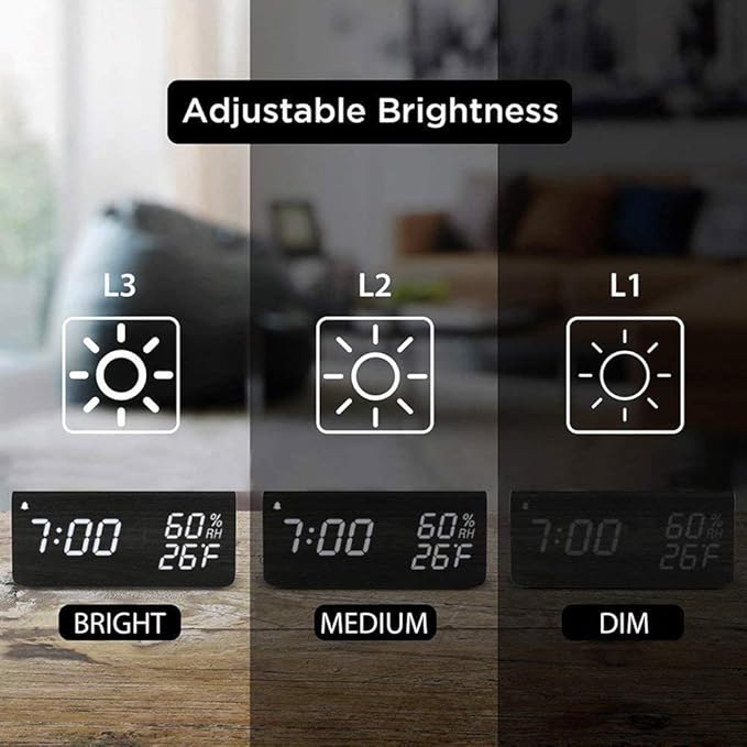 Digital Alarm Clock, Wooden Alarm Clock with Electronic LED Time Display, Humidity & Temperature Detect 3 Alarm Settings 3 Level Brightness Electric Clock for Bedroom Bedside Desk (Black wood)