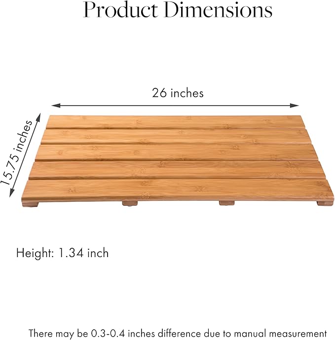 GOBAM Bamboo Bath Mat, Large, 26 x 15.75 x 1.34 inches - Water Resistant, Non-Slip Shower Mat for Spa, Sauna, Kitchen, Pool, Indoor, Outdoor - Bamboo Bathroom Accessories - Natural