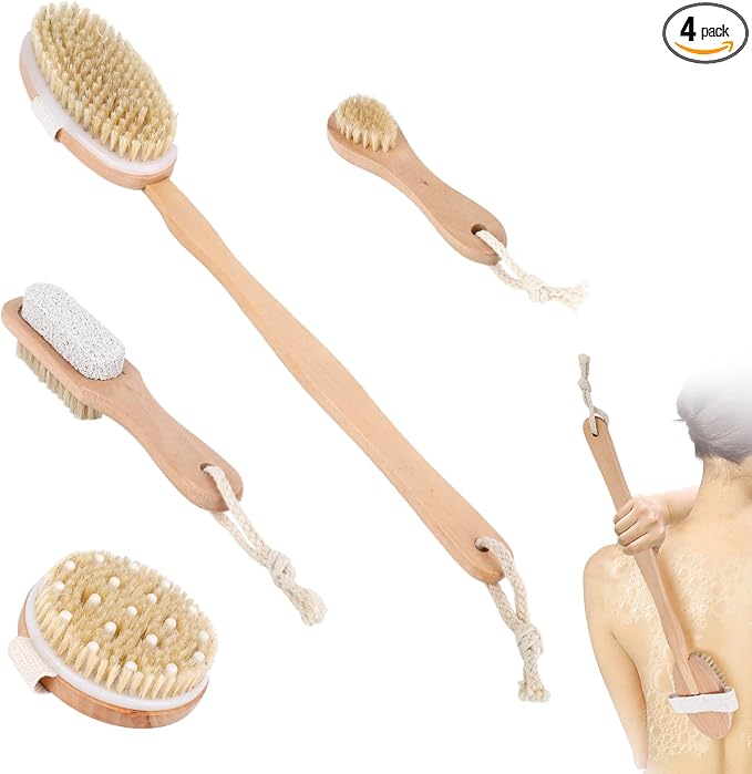 Dry Brush Set-4 Packs Natural Boar Bristle Dry Brushing Body Brush Exfoliating Face, Foot, Bath Brush for Face and Body for Cellulite Lymphatic Drainage(Set B)