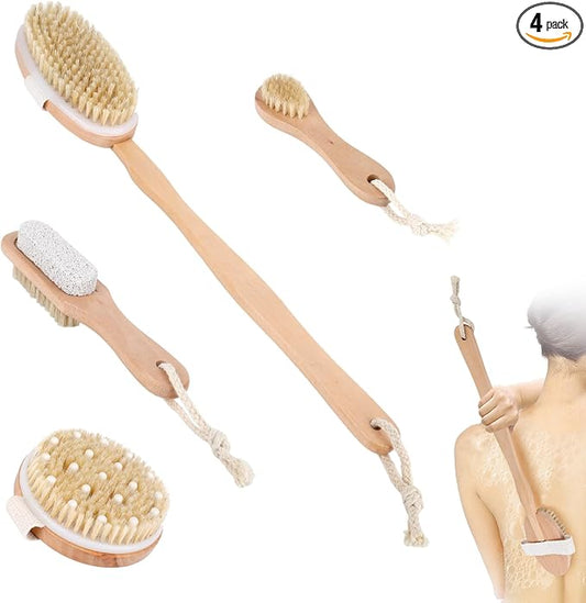 Dry Brush Set-4 Packs Natural Boar Bristle Dry Brushing Body Brush Exfoliating Face, Foot, Bath Brush for Face and Body for Cellulite Lymphatic Drainage(Set B)