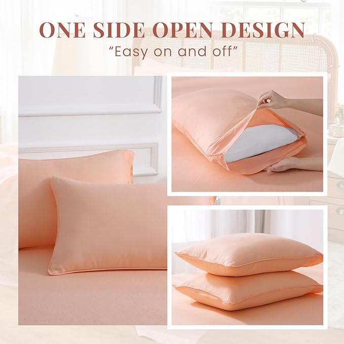 S VICTORY SYMBOL 100% Organic Linen Duvet Cover Set 3PCS Queen Size,Stone Washed French Flax Bedding,1 Comforter Cover and 2 Pillowcases Solid Color Bedding Set(Peach Pink)
