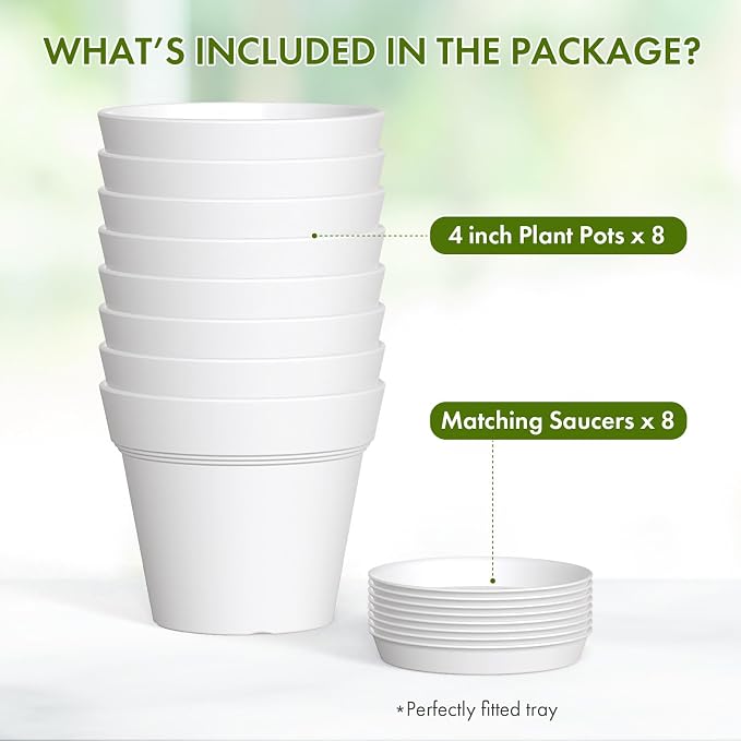 WSMKSZ 4 Inch Plastic Plant Pots with Drainage Holes and Trays – 8 Pack Small Nursery Pots for Indoor & Outdoor House Plants and Flowers, Seedling Starter Planters, White