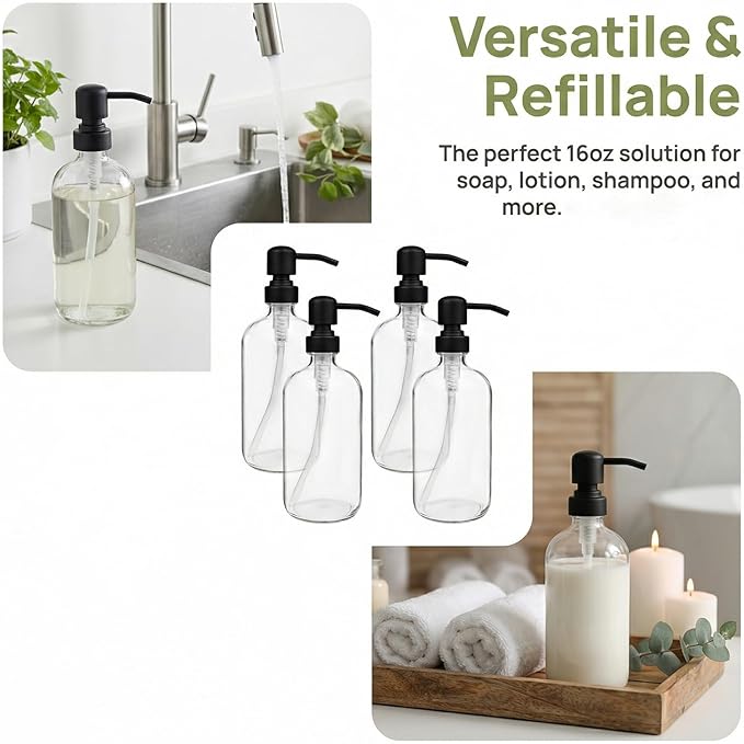 4 Pack Glass Soap Dispenser with Matte Black Stainless Steel Pump, 16 Oz Clear Boston Round Bottles Bathroom Kitchen Soap Dispenser for Essential Oil, Dish Soap, Hand Soap, Lotion Soap
