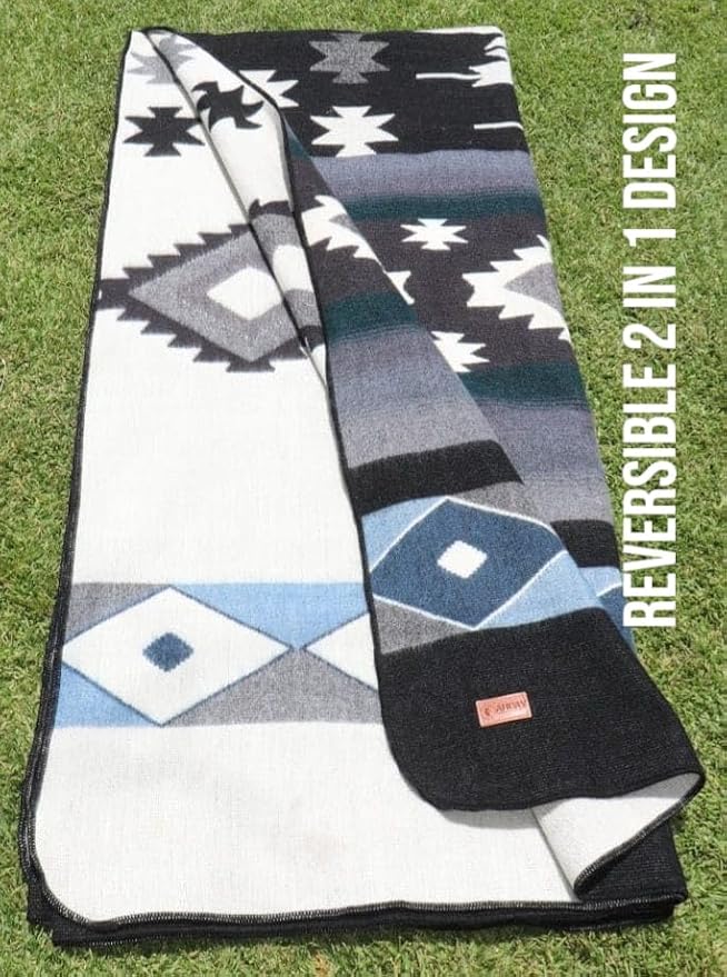 Alpaca Wool Blanket, Throw Size 78 x 47, Reversible 2 in 1, Thick and Ultra Soft, Hypoallergenic, Non-Itchy, Handmade in Ecuador. Premium Alpaca Wool Thtow Blanket for Cozy Comfort. Blue and Grey.