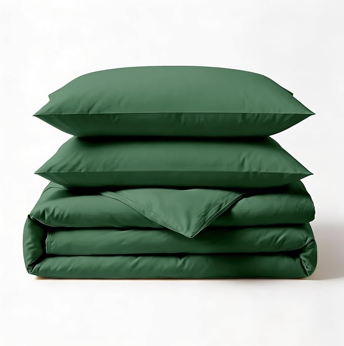 Fabdreams GOTS Certified 100% Organic Cotton Duvet Cover Queen Size - 400 TC Sateen - Soft - Silky - Button Closure - Edge Ties - 1 Duvet Cover (90"x92")+2 Pillow Shams (20"x26") - Forest Green