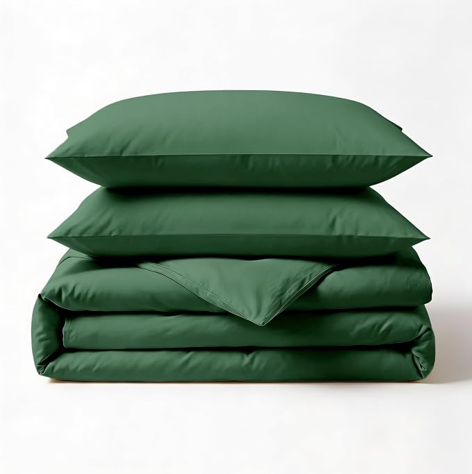 Fabdreams GOTS Certified 100% Organic Cotton Duvet Cover King Size - 400 TC Sateen - Soft - Silky - Button Closure - Edge Ties - 1 Duvet Cover (106"x92")+2 Pillow Shams (20"x36") - Forest Green