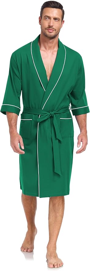 COLORFULLEAF 100% Cotton Men’s Summer Bathrobe Lightweight & Breathable Short Sleeve Kimono Robe with Pockets