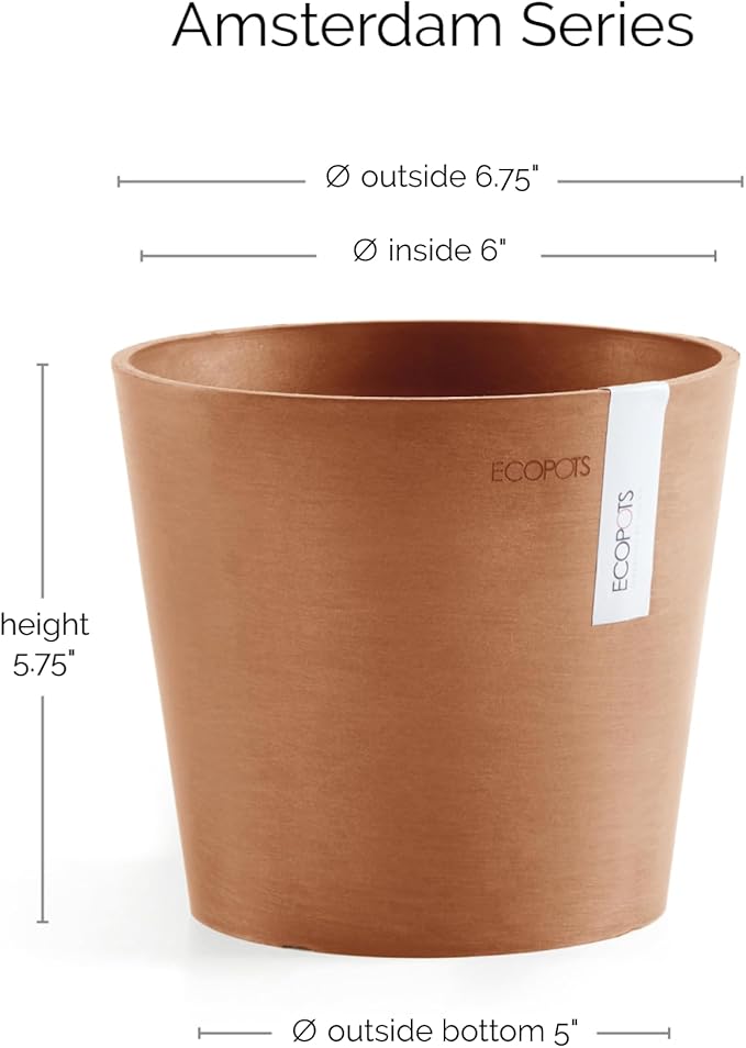 Ecopots Amsterdam Mini Durable Modern Round Recycled-Based Composite Flower Pot Planter, Terracotta Color, 7"