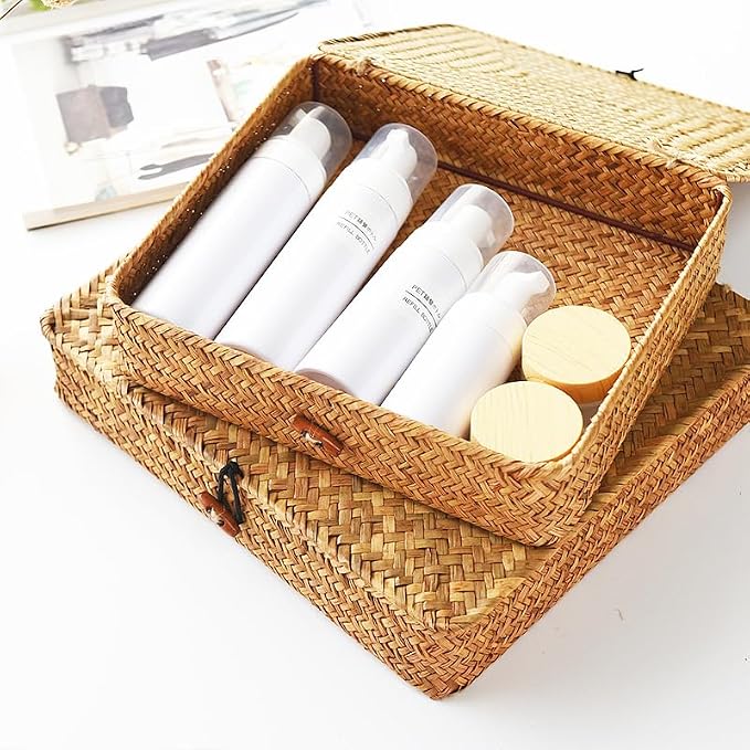 Seagrass Storage Baskets with Lids, Flat Wicker Basket, Shallow Woven Basket for Shelf, Decorative Storage Boxes for Organizing (Natural)
