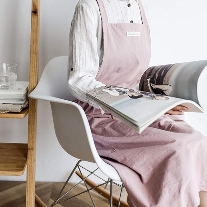 Cotton and linen Kitchen Cooking Aprons Dress for Women with Pockets Cute for Baking Painting Gardening Cleaning