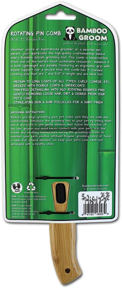 alcott Bamboo Groom Rotating Pin Comb with 31 Rounded Pins for Pets