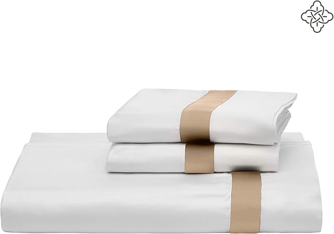 BIOWEAVES 100% Organic Cotton Banded Sheet Set, Soft Sateen Weave GOTS Certified with deep Pockets (Queen, White & Sand)
