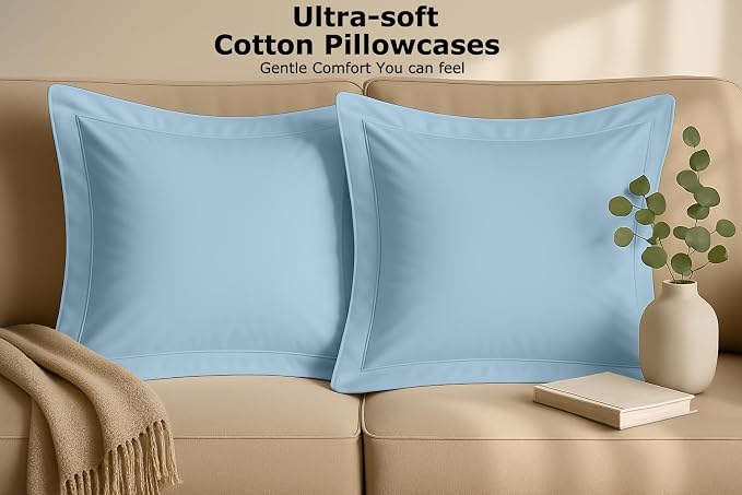 2 Pack Euro Pillow Shams 28x28 – 600 Thread Count 100% Organic Cotton Sky Blue Square Pillow Covers with 2 Inch Flange, Soft & Smooth Premium Hotel-Quality Pillowcases Set of 2