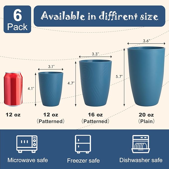 Wheat Straw Cups Set of 6, Unbreakable 20 OZ Reusable Cups, Alternative Plastic Drinking Glasses, Lightweight Tumbler for Kitchen Outdoor, Dishwasher Safe Tumblers & Water Glasses, Multi