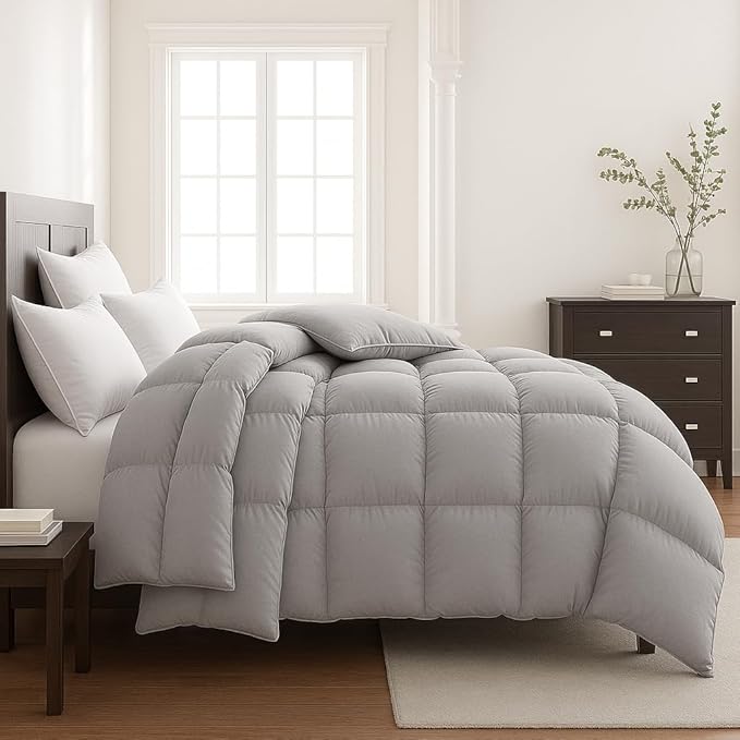 Lavish Comforts® Grey Comforter Queen – Fluffy Down Alternative Duvet Insert, Light Grey Comforter, All-Season Bedding, Hypoallergenic, Machine Washable, Queen Duvet Insert with Corner Loops