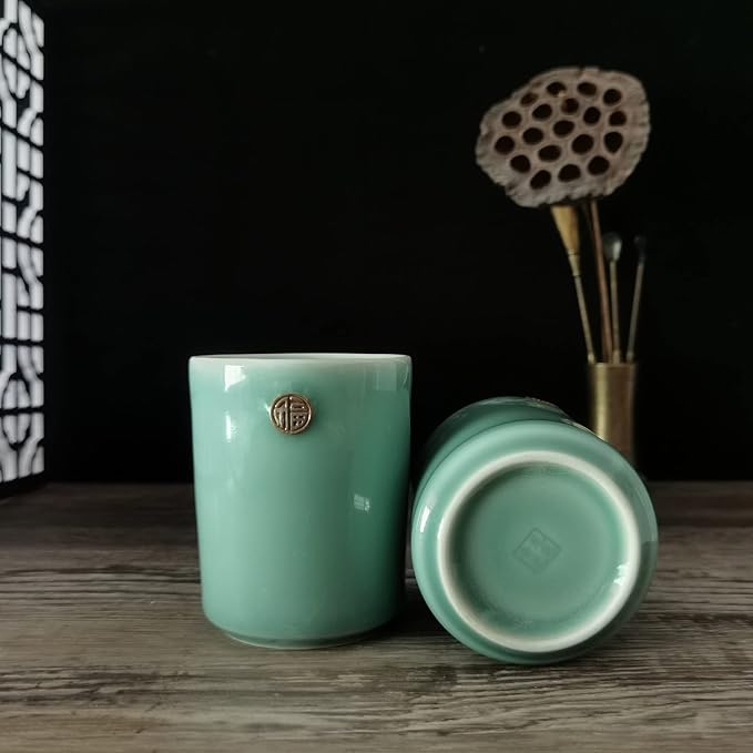Handmade Celadon Chinese Teacup Flat Cup 6oz Coffee Mug Ceramic Milk Cup Engraved FU Porcelain Drinkware Glaze Pottery