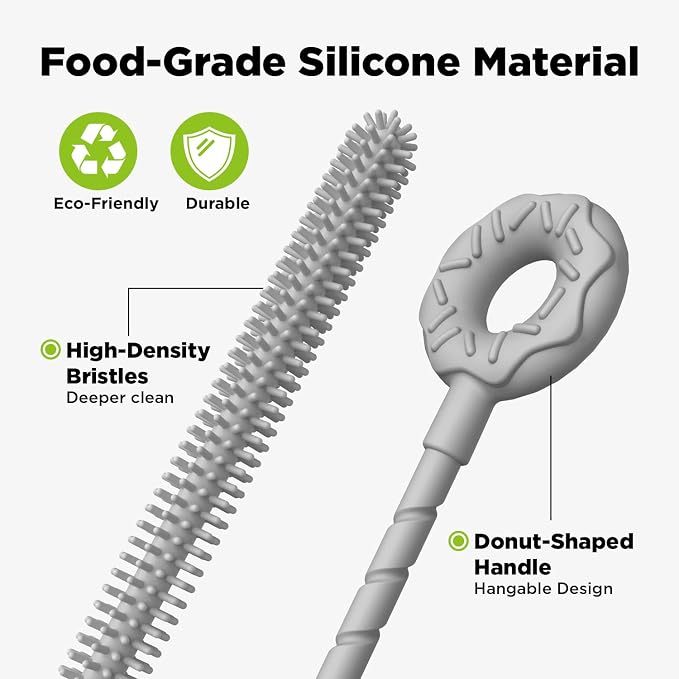 Silicone Straw Cleaner Brush, 2 Pcs Reusable Cleaning Brushes for Straws, 6mm&9mm, Gray