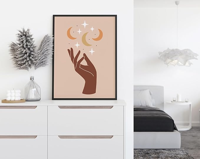 Mystical Hand Wall Art Celestial Moon and Stars Print Earth Tones Terracotta Mid Century Modern 12x16 Inch Oak Wood Black Framed Spiritual Decor for Bedroom