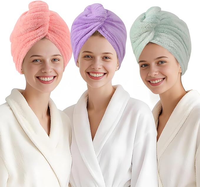 Microfiber Hair Drying Towel Wrap for Women, Hair Turbans Towel for Wet Hair,turbie Twist Hair Towels(The Color of the Picture is for Reference only) (Pink,Purple,Light Green)