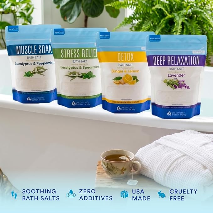 Bath Salts Sampler (4-Pack of 2-lbs) Variety Bath Soaks with Bamboo Scoop