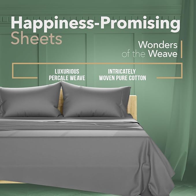 TEXAS LINEN CO. 100% Organic Cotton Sheets Cal King Size - 4 PC Organic Cotton Cal King Percale Weave Sheet Set, Soft, Cooling, Crisp, 16" Deep Pocket Hotel Quality Bedding Set - Dark Grey