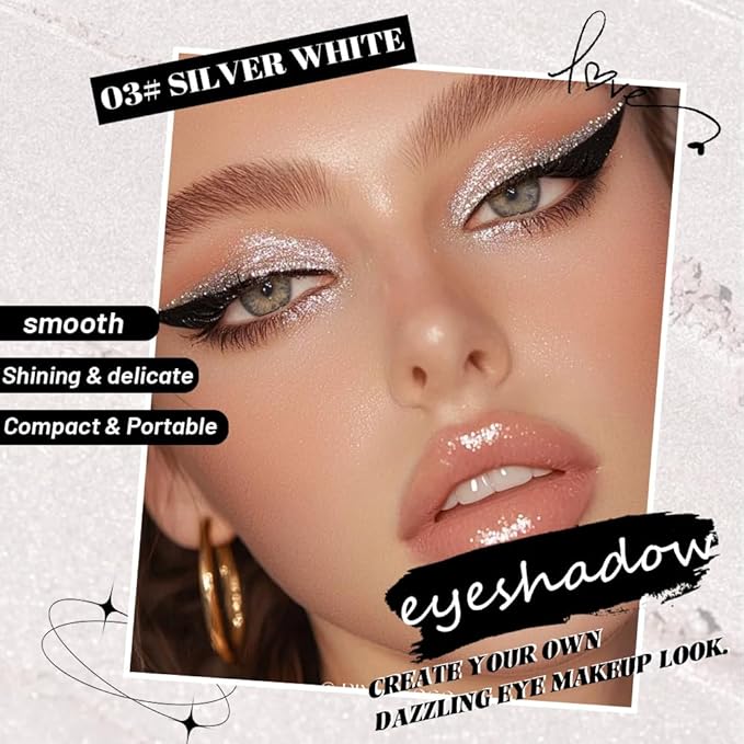 Sliver White Single Shimmer Glittle Eye shadow Palette Makeup, Single Shimmer Eyeshadow for Older Women, High Pigment Natural Sombras Crema Para Ojos, Talc, Paraben & Cruelty Free (03#Sliver White)