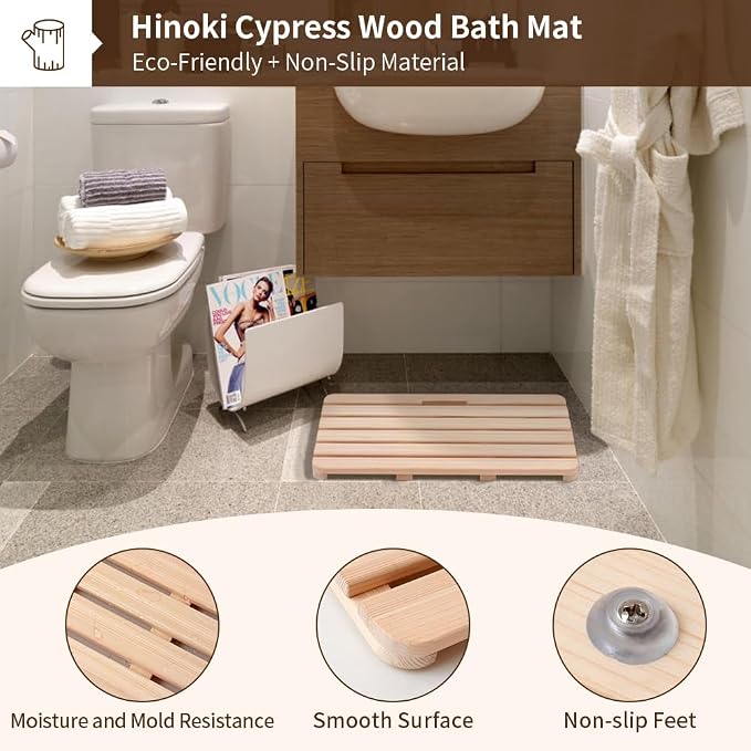 Wooden Bath Mat Non-Slip Hinoki Cypress Wood Shower Mat Waterproof Luxury Spa Bathtub Mat for Indoor or Outdoor Use, 21 x 14 x 1 Inches