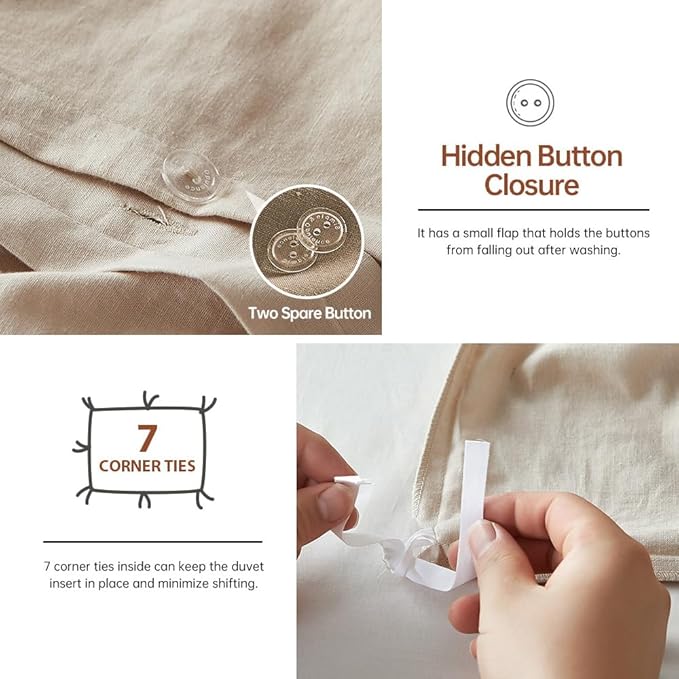 Simple&Opulence French Linen Duvet Cover Set 104"x 98"- 3 Pieces (1 Comforter Cover,2 Pillowcases)-Natural Flax Cotton Blend-Solid Color Breathable Farmhouse Bedding-Linen/Beige,California King