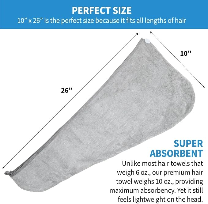 ForPro Professional Collection Premium Microfiber Hair Towel Wrap, 2-Pack Quick Drying Hair Turban for Women, 10" x 26", Cool Grey + Sky Blue