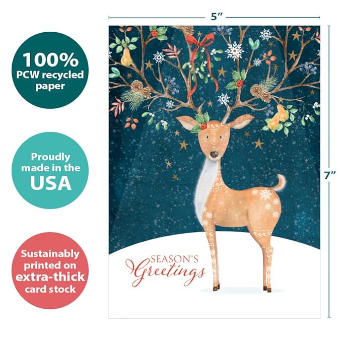 Tree-Free Greetings - Season's Greeting Card - Artful Designs - 1 Card + Matching Envelopes - Made in USA - 100% Recycled Paper - 5 x 7 - Spread Cheer Deer (VO80680)