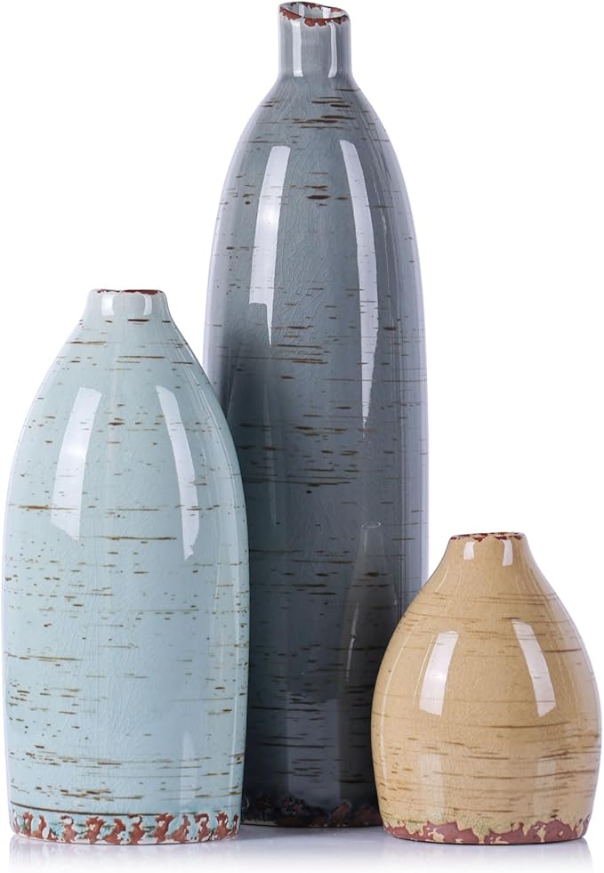 Vintage Ceramic Vase Set of 3, Farmhouse Decor, Home Decorative Vase, Vases for Your Kitchen, Bedroom, Living Room, Bathroom, Coffee Table, Mantle, Bookshelf, & Shelf Centerpiece Table Decoration