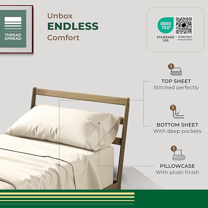 THREAD SPREAD 100% Organic Cotton Sheets Twin XL Size - 3 PC Organic Cotton Twin XL Size Percale Weave Sheet Set, Soft, Cooling, Crisp & Breathable, 16" Deep Pocket Bedding Set for Dorm Room - Ivory