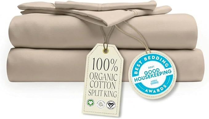 Delilah Home 100% Organic Cotton Split King Bed Sheet set, GOTS & Vegan.org Verified, Long Stem 300 TC Sateen Bedding Non-Synthetic, Deep Pocket Fitted Linen, Lightweight, All-Season, 4 Pieces - Beige
