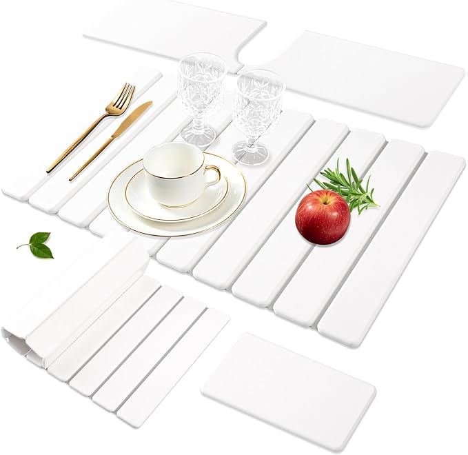 Diatomaceous Stone Drying Mat for Kitchen Counter with Sink Faucet Mat, White Absorbent Quick Dry Dish Drying Mat Set, Diatomite Stone Slat Countertop Pad for Dishes, Cups