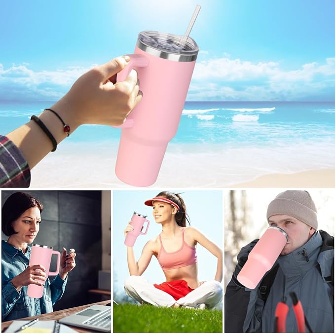 SYACOT 40 oz Tumbler with Handle and Straw Stainless Steel Insulated Tumbler Leak Proof Lid and Straw Lid Reusable Travel Mug Coffee Mug Cup Dishwasher Safe Keep Drinks Cold and Hot (Pink Dusk)