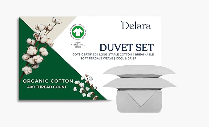 GOTS Certified 100% Organic Cotton Percale Duvet Cover Set 400TC, Smooth & Breathable, Duvet for Hot Sleepers with 8 Internal Ties, (Light Grey, King - 3 Piece with 2 King Sham)