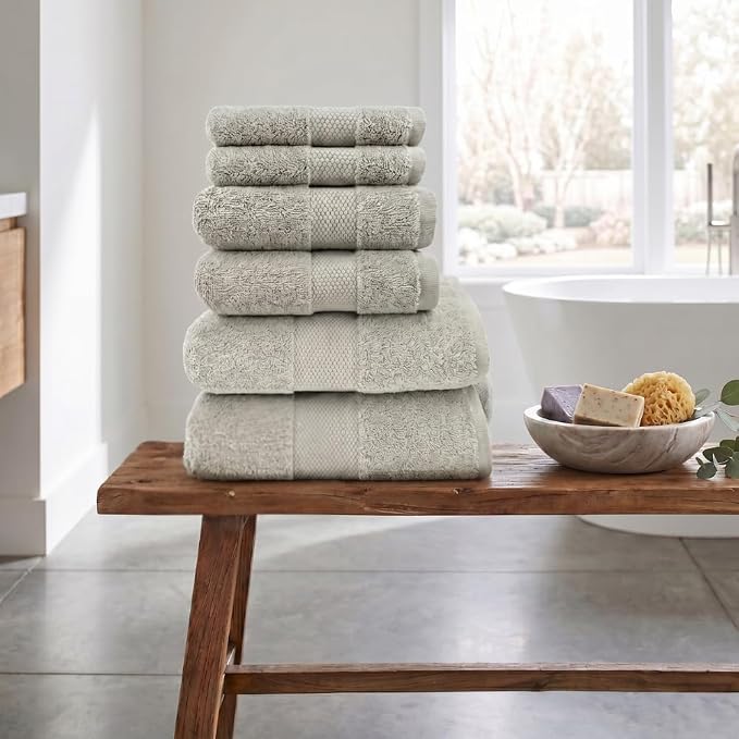 Maisonette Elegance 100% Organic Cotton Turkish Bathroom Towels Set, Ideal Quick Dry Luxury Washcloths, Hand & Large Luxury Bath Towels for Shower, (6 Pack), Green (Eucalyptus)