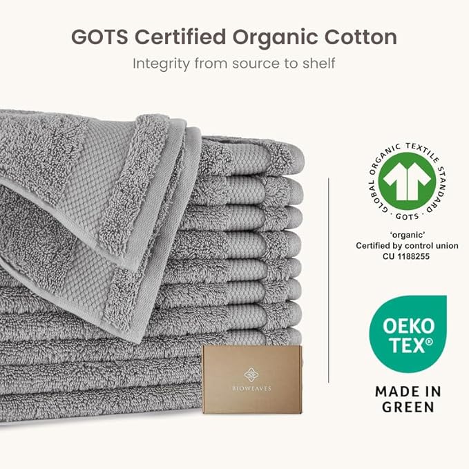 BIOWEAVES 100% Organic Cotton 700 GSM Plush Washcloths 13" x 13" GOTS Certified - Light Grey, Pack of 12