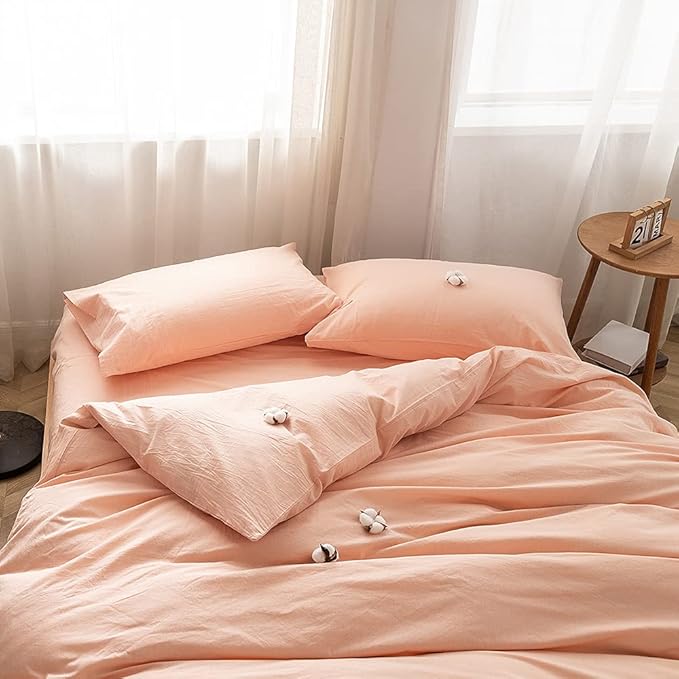 FACE TWO FACE Bedding Duvet Cover Set 3 Pieces 100% Washed Cotton Duvet Cover Linen Like Textured Breathable Durable Soft Comfy (King, Pink)